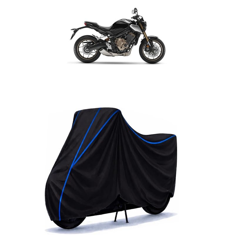 Image of CB 650 R Bike Cover Water Resistant Universal Motorcycle Rain | Heavy Duty UV Protection, Dust, Scratch Indoor Outdoor All Weather with Black Blue Piping Elastic