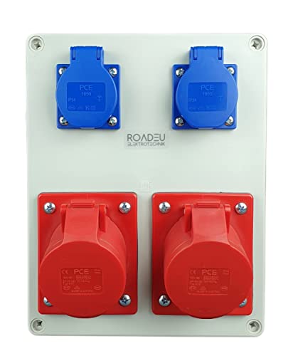 RoadEu - Quadro Elettrico Distributore di corrente 2x 16A 5P CEE con 2X 230V Schuko. Distributore di corrente da cantiere 16A, Ideale per il garage, il capannone o la fabbrica