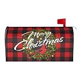 Merry Christmas Magnetic Mailbox Cover - Winter Xmas Wreath Red Buffalo Plaid Garden Yard Home Decor Outdoor Farmhouse Standard 21' L x 18' W