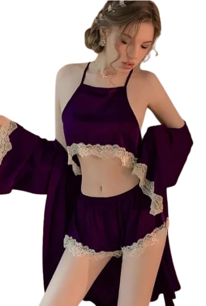 Elegant Satin Lace Trim Robe & Lingerie Set for Women, Soft Camisole Crop Top with Matching Shorts and Robe, Silky Nightwear Sleepwear Set, Comfortable Chic Bridal Lounge Wear Outfit-image-15