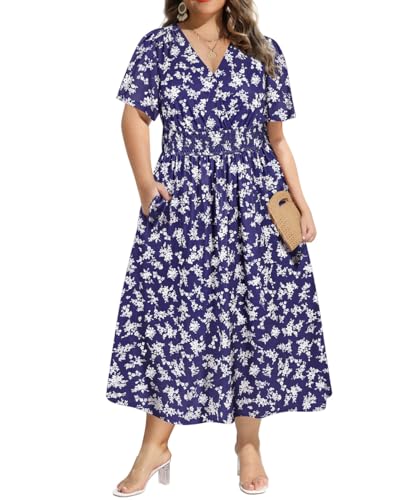 Image of CARCOS Women Plus Size Dresses 1X Summer V Neck Maxi Sundress Short Sleeve High Waist Floral Blue White Beach Boho Dress with Pockets XL 14W 16W