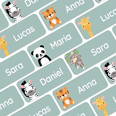 My Nametags® Award-Winning Name Stickers for Clothes & Items | 56 No-Iron, Washable Stick-On Tags for Babies, Kids & Adults | Animals Stickers (Green)