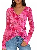 ZESICA Women's Long Sleeve Floral Shirts V Neck Going Out Ruffle Tops Blouses 2026 Spring Fashion Clothes Outfits Pink Small