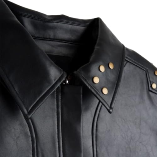 Men's Arcane Season 2 VI Black Leather Jacket with Red Graphic Embroidery and Studded Shoulder4