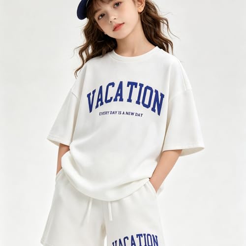 Image of Size 6-12 Years Girl's Tracksuit Sets 2 Piece Outfits Letter Print Vacation Tee Top and Drawstring Waist Shorts