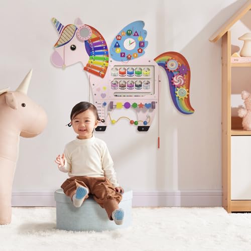 Image of Spacocld Unicorn Activity Wall Busy Board Panels - Sensory Wall Panel for Kids, Montessori Toddler Wall Activity Board, Wall Toys for Toddlers 3, Activity Cube, Perfect for Toddler Playroom, Pink