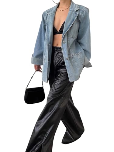 utcoco Women's Trendy Oversized Denim Blazer Casual Notched Lapel Long