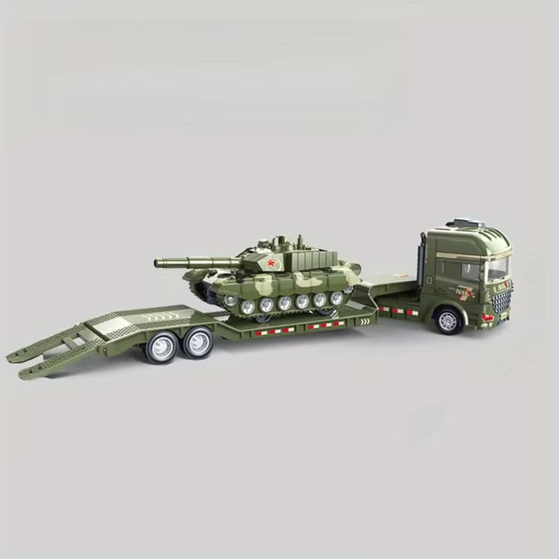 Image of Military Transport Truck with Tank Toy for Kids | Army Carrier Trucks with Movable Tank & Loading Ramp | Friction Powered Pretend Play Toy Vehicle for 3+ Years Boys & Girls