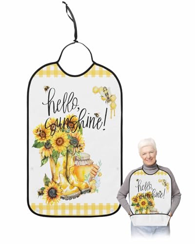LEOKOTI Sunflower Adult Bibs for Eating, Waterproof Bibs with Food Catcher & Adjustable Snap Closure, Yellow Plaid Watercolor Bee Floral Washable Clothing Protectors Adult Bibs for Elderly Women/Men