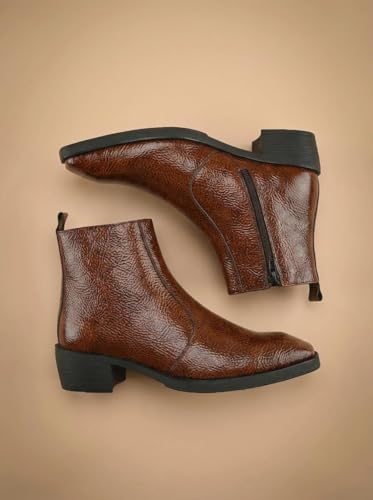 Image of Big Fox Men's Tan Textured Cuban Boots | Premium Ankle-Length Fashion Boots | Stylish, Durable & Comfortable
