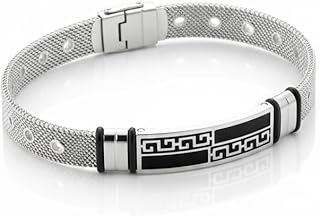 Milanese Mesh Premium Stainless Steel Men's Bracelet | Black Center Plate with Greek Key/Meander | Adjustable and Rustproof Closure