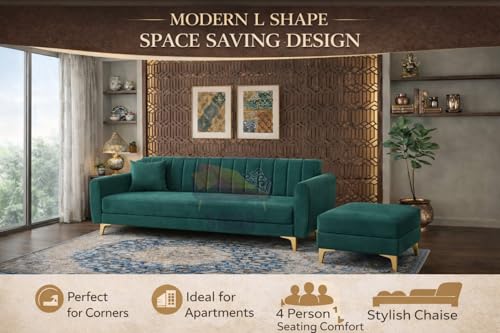 Image of SRMS Golden Legs 4 Seater L Shape Velvet Fabric Sofa Set with Four Cushions | Perfect for Home Office Guests Living Room | Sofa Set for living Room | 74 x 32 x 30 inches | Orange