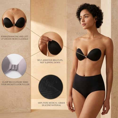Image of KASHIVAL Women's Strapless Adhesive Bra, Reusable Silicone Push-Up Sticky Bra with Front Clip Closure for Backless and Halter Neck Outfits Fee Size