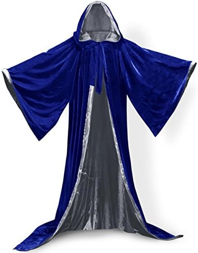 PingFeng Wizard Robe Velvet Hood Cloak Wicca LARP Goth Costume Blue-Silver L