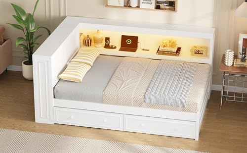 Full Size Wood Daybed with Storage Shelves and 2 Drawers, LED Lights and USB Charging Station, Solid Pine Wood Daybed Frame with Slats, No Box Spring Needed, Space Saving Bed, White by Noble House Home Furnishings - Image 5