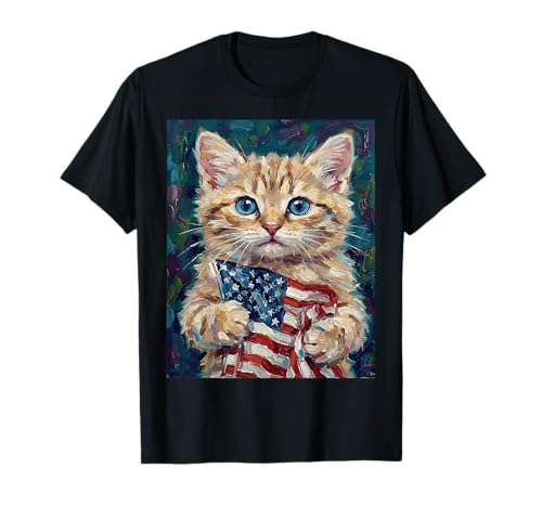 Patriotic Cat Holding American Flag Cute Kitten 4th of July T-Shirt