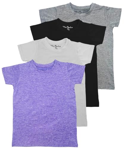 MISS POPULAR Girls 4 Pack Short Sleeve Quick Dry-Fit Moisture Wicking Active Athletic Performance Crew Neck T-Shirts
