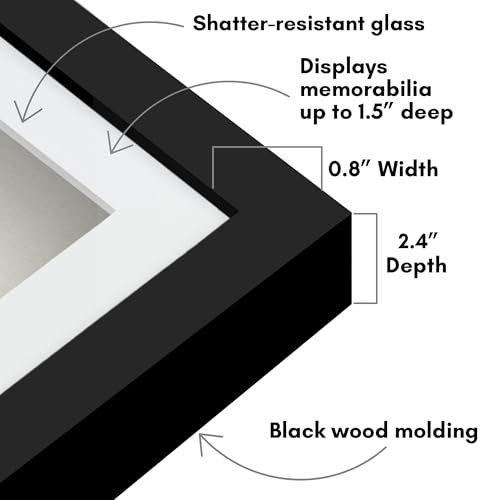 Americanflat 8x10 Shadow Box Frame with Shatter-Resistant Glass - Use as 6x8 Frame with Mat or 8x10 Without Mat - Silhouette Collection - Black with Soft Felt Back