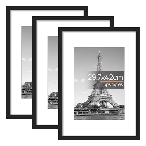 upsimples A3 Picture Frame, 3 Pack Black Photo Frame, A3 Frame 29.7 x 42cm, Frame with Stand Landscape or Portrait Orientation