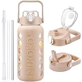 MUKOKO Glass Water Bottles 64oz with 2 Lids, Half Gallon Drinking Bottle with Straws and Measurements, 2L Sports Glass Jug with Silicone Sleeve, Leakproof, Light Amber