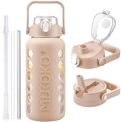 MUKOKO Glass Water Bottles 64oz with 2 Lids, Half Gallon Drinking Bottle with Straws and Measurements, 2L Sports Glass Jug with Silicone Sleeve, Leakproof, Light Amber