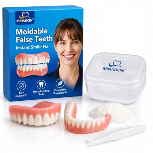 MINADCIN Moldable False Teeth for Women & Men, Upper & Lower Temporary Denture Set, Custom-Fit Cosmetic Smile Cover for Missing, Chipped, Uneven & Yellow-Looking Teeth, At-Home Smile Kit, 1 Pack