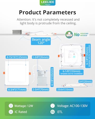 Dimmable Square LED Can Light Retrofit - 12 Pack, 6 inch, 12W, 960lm, Adjustable Color Temperature - for Professionals