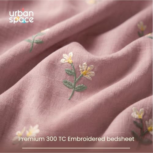Image of Urban Space 100% Cotton 300TC Jacquard Embroidered bedsheets for King Size Bed, Pure Cotton King Bedsheet, Checks bedsheet King Size with 2 Pillow Covers (108 inch x 108 inch, Neerja Dusty Pink)