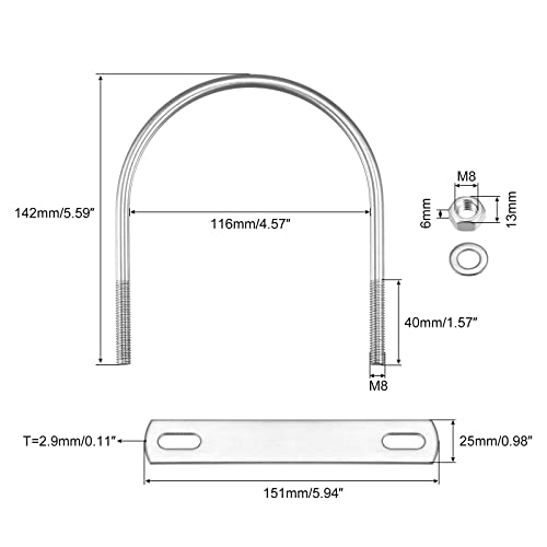 Image of uxcell Round U-Bolts, 116mm(4.57 inch) Inner Width 142mm Length M8 304 Stainless Steel U Clamp Bolt with Nuts Washers and Plates, for Boat Trailer