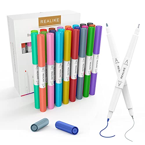 REALIKE Dual Tip Pens Compatible with Cricut Maker 3/Maker 4/Maker/Explore 3/4/Air 2/Air, Dual Tip Marker Pens Set of 24 Pack Fine Point Pen Writing Drawing Pens (0.4 Tip & 1.0 Tip)