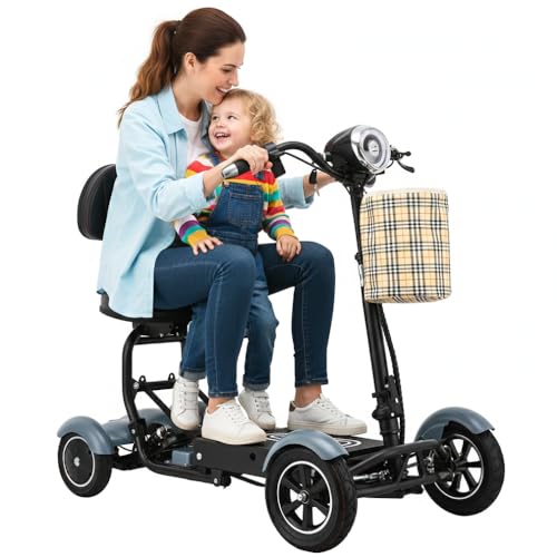 2 Person Foldable Portable 4 Wheel Motorized Mobility Scooter, Adjustable Handlebar, Reverse, Honk, 3 Speed Options, 330 lbs Capacity Lightweight Travel-Friendly Electric Scooter - Matte Sky Blue