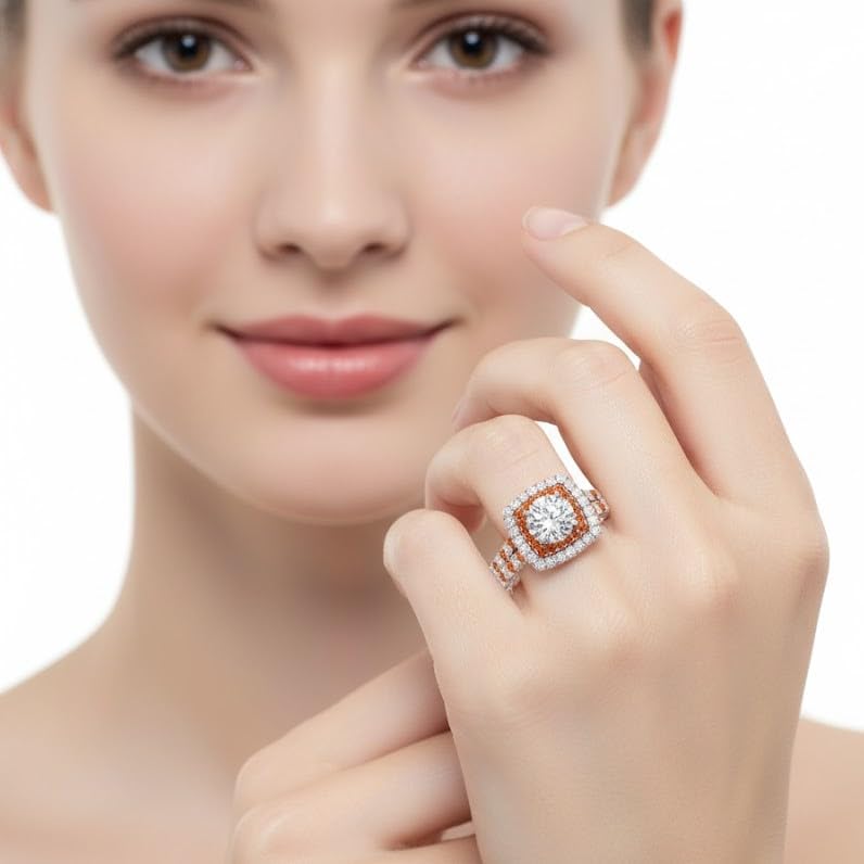 Image of 55Carat Choose Your Gemstone Double Band Square Halo Diamond CZ Ring 18K Rose Gold Plated Round Shape Halo Engagement Rings Everyday Jewelry Wedding Jewelry Handmade Gifts for Wife US Size 4 to 12