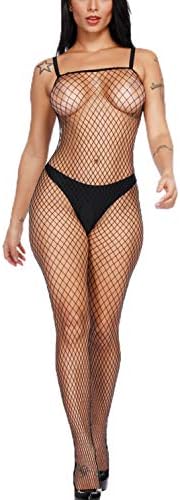 Vorifun Women Sexy Fishnet Bodystocking Crotchless Bodysuit with Sleeves 3 Colors Plus Size (Black 02)