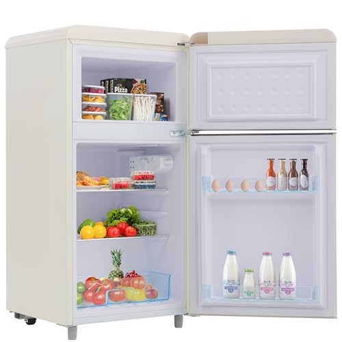 Merax Retro Kühlschrank, Doppeltür, 72L Gesamtvolumen, 21L Gefrierfach, Energieklasse E, 120 kWh/Jahr, LED-Beleuchtung, 3 verstellbare Einlegeböden Weiß Merax Retro Kühlschrank, Doppeltür, 72L Gesamtvolumen, 21L Gefrierfach, Energieklasse E, 120 kWh/Jahr, LED-Beleuchtung, 3 verstellbare Einlegeböden Weiß