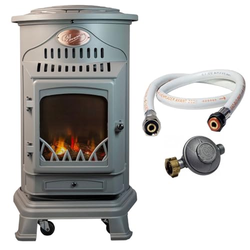 Universal - Poêle à gaz Provence 3,4 KW Gris Perle Effet poêle à Bois Fonte véritable Chauffage d'appoint gaz + Tuyau gaz et détendeur