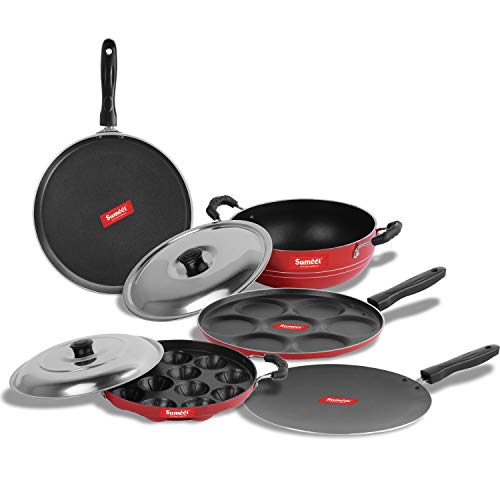 Image of Sumeet Non-Stick Aluminum Cookware Set (Dosa Tawa - 26.5 cm; Multi Snack Maker - 26.5 cm; D Kadhai with Lid 1.5 L; Grill Appam Patra with Lid - 23 cm; Concave Tawa -28 cm, 2.6 mm Thick, Ruby Red)