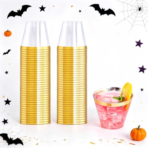 WELLIFE 120 PCS Gold Plastic Cups,9 oz Clear Plastic Cups,Disposable Wine Glasses for Party