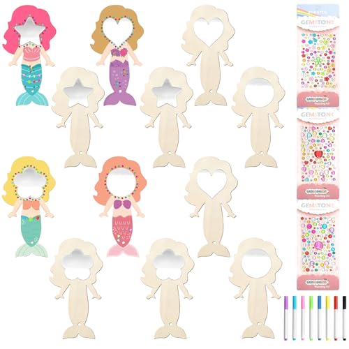 ARONRAVE Zeemeermin-knutselen, 12 stuks doe-het-zelf houten handwerk voor kinderen, schilderen, mini-prinsessenspiegel, knutselen