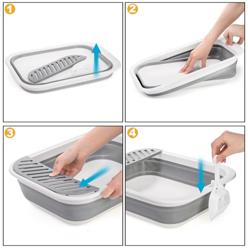 Tlence Collapsible Small Cat Litter Box, 17.7\'\' Open Foldable Kittens Potty with Scoop, Shallow Anti Splash Travel Cat Toilet, Semi Enclosed Height Adjustable Sides Litter Pan for Sick Frail Cat Grey