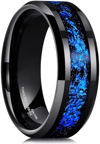 GALAXY Mens 8mm Black Tungsten Carbide Wedding Ring with Blue Foils Inlay Beveled Edge Foils Tungsten Wedding Band Comfort Fit