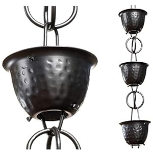 Monarch Rain Chains 18106 Aluminum Hammered Cup, 8-1/2 Feet Length Replacement Downspout for Gutters, Rain Chain 8.5 Ft, Black