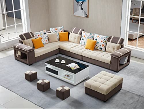 Image of Tyler 9 Seater U Shape Fabric Sofa Set in Cream & Brown Color for Living Room, Couch Sofa for Living Room, Nine Seater Sofa