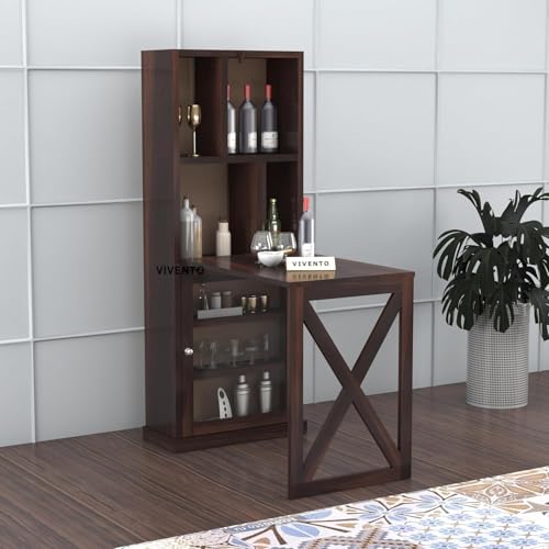 Image of SUNCOM Solid Sheesham Wooden Bar Cabinet for Home - Wooden Wine Rack for Home Bar - Foldable Modern Bar with Shelves & Glass Door Storage (Walnut)