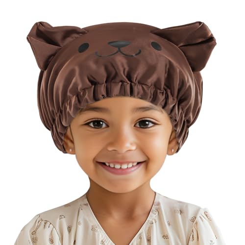 Lolalet Kids Bonnets for Girls, Adjustable Silk Baby Bonnet for Curly Hair Toddler Satin Cartoon Bonnet Cap with Elastic Band -Bear Brown-bear