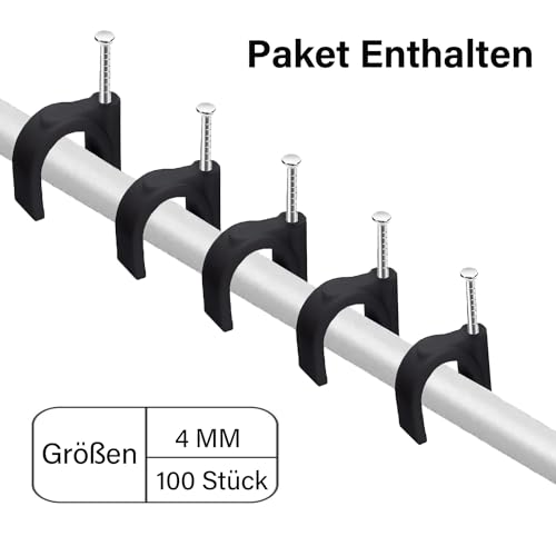 100PCS Runde Kabelklemmen Schwarz, 4MM Elektrische Kabelwandklemme Kabelnagelklemmen Management, Draht Ordnungsklemmen Pins Kabelstifte für Ethernet, Elektrische Kabel, Steckdosenleiste Wandmontage