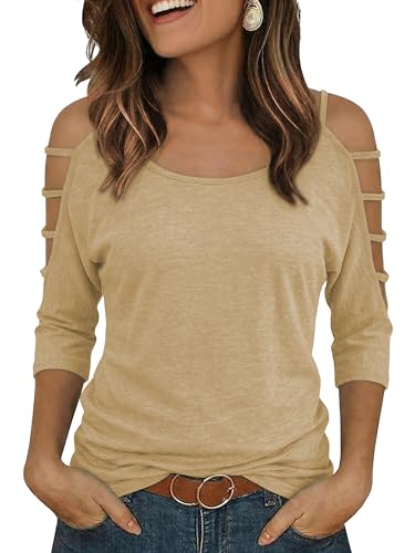 Shirts for Women Cold Shoulder 3/4 Sleeve Cutout Arm Tops Sexy Going Out Casual Y2k Cute Blouse Tops for Daily,L,Beige