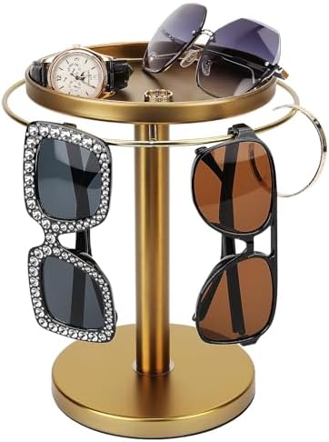 kondyfayo 360° Rotating Sunglass Organizer Storage, Stainless Steel Glasses Holder Stand, Glasses Organizer with Tray for Desk, Dresser, Tabletop, Nightstand and Home Decor(Gold)