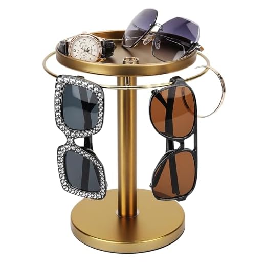 kondyfayo 360° Rotating Sunglass Organizer Storage, Stainless Steel Glasses Holder Stand, Glasses Organizer with Tray for Desk, Dresser, Tabletop, Nightstand and Home Decor (Gold)