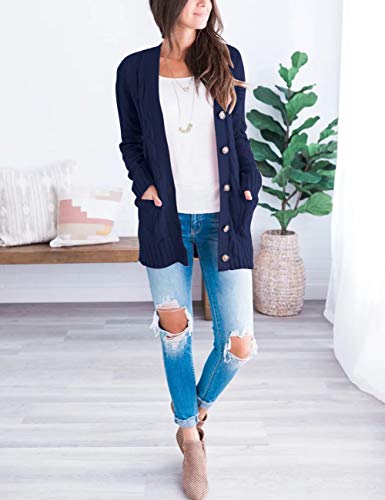 Merokeety Women's Long Sleeve Cable Knit Sweater Open Front Cardigan Button Loose Outerwear Navy #TOP6