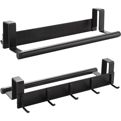 Over The Cabinet Door Towel Bar with Hooks, Kitchen Towel Holder with Hooks for Hanging Utensils, Bathroom Over The Cabinet Door Organizer with Hook 2 Pack, Matte Black